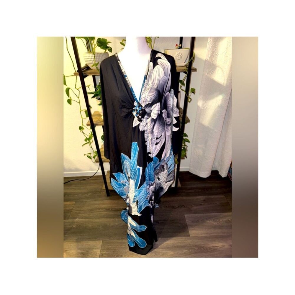 Black Floral Caftan with Blue & White Blooms